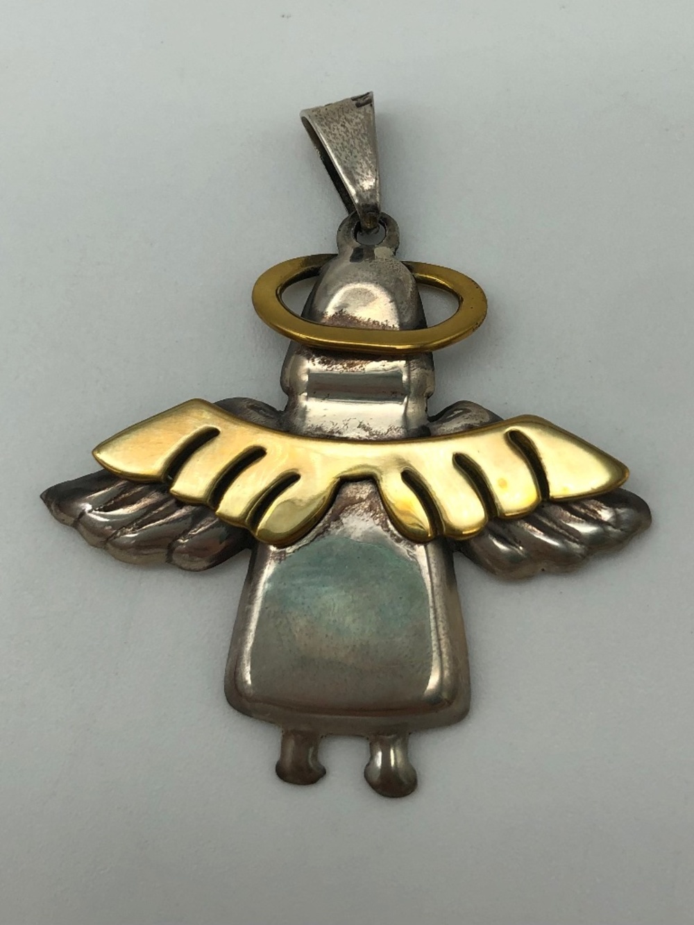 Vintage Sterling Silver Brass Angel with Halo Pendant 925 Mexico 2"